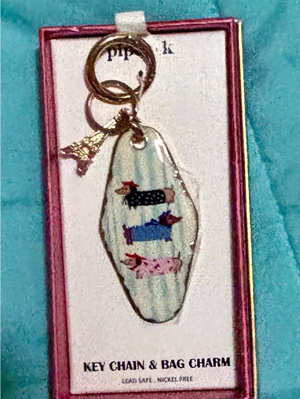 Piper K weenie dog Eiffel tower Key Chain & Bag Charm - Pastel striped Aqua